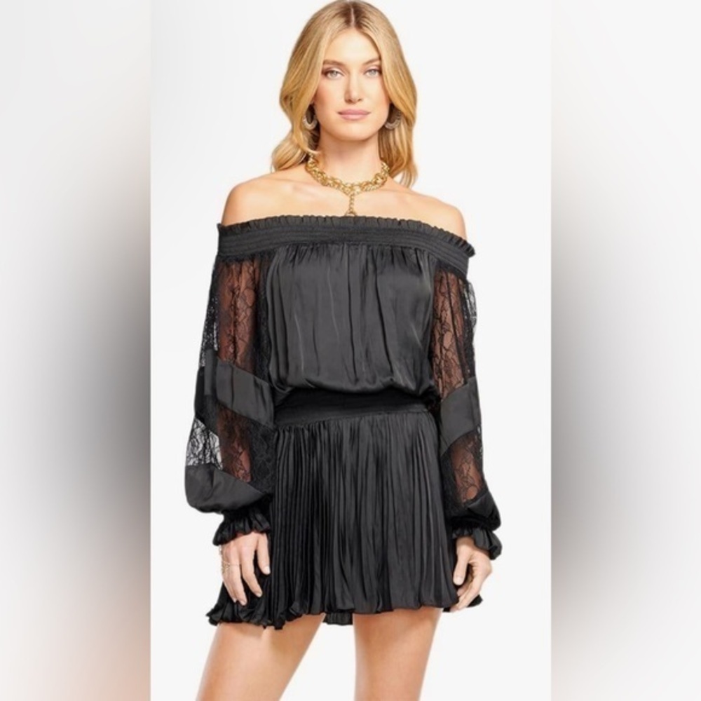 Ramy Brook Trent Lace Off-The-Shoulder Lace Sleeves Smocked Waist Mini Dress XS